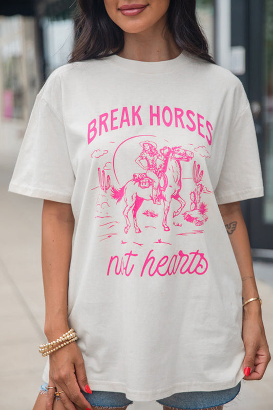 T-shirt blanc à col rond avec motif cowboy Western BREAK HORSES
