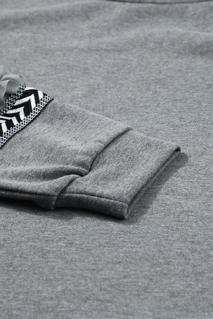 Dark Grey Printed Fringed Ruffled Accent Sweatshirt Dress