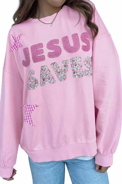 Pink Patchwork Stars Plaid Unique Floral Letters Baggy Sweatshirt