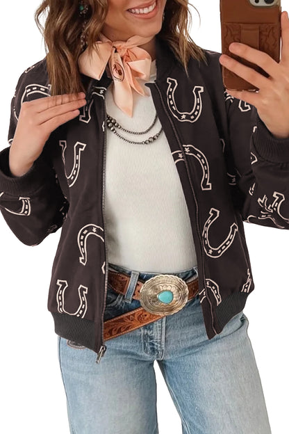 Brown Western Horseshoe Print Zipper Pocket Shift Jacket