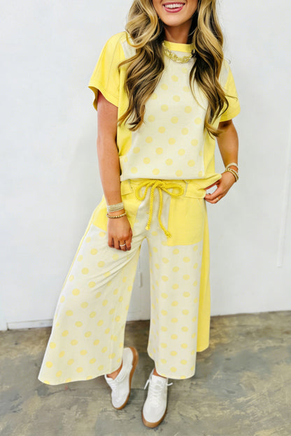 Green Color Block Patchwork Polka Dot Wide Leg Pant Set