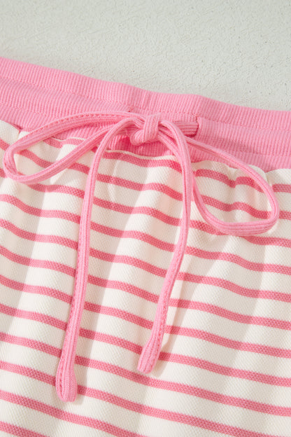 Pink Stripe Color Block Patchwork Polo Tee Drawstring Elastic Waist 2pcs Skort Set
