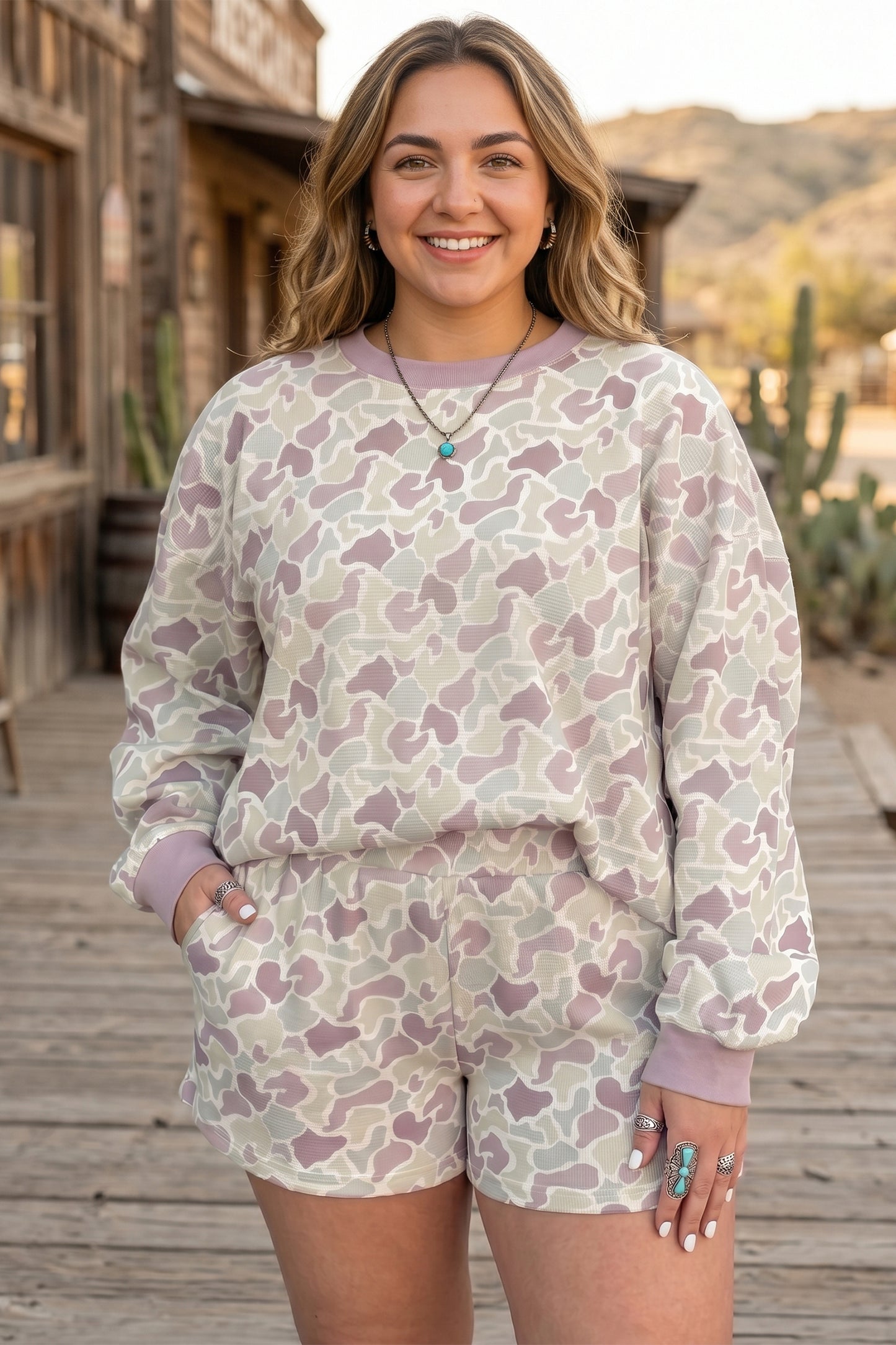 Green Camouflage Print Waffle Textured Pullover and Shorts Plus Size 2pcs Set