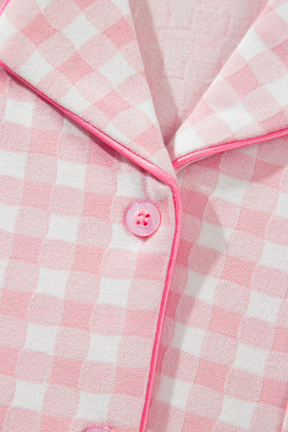 Pink Gingham Long Sleeve Lapel Shirt 2pcs Pajama Pant Set