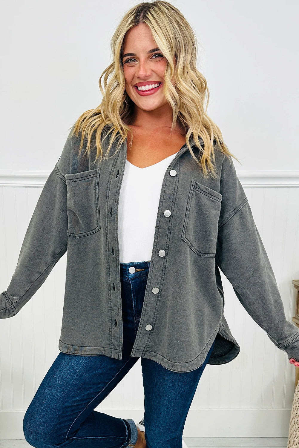 Medium Grey Mineral Wash Chest Pockets Drop Shoulder Shacket with Side Slit