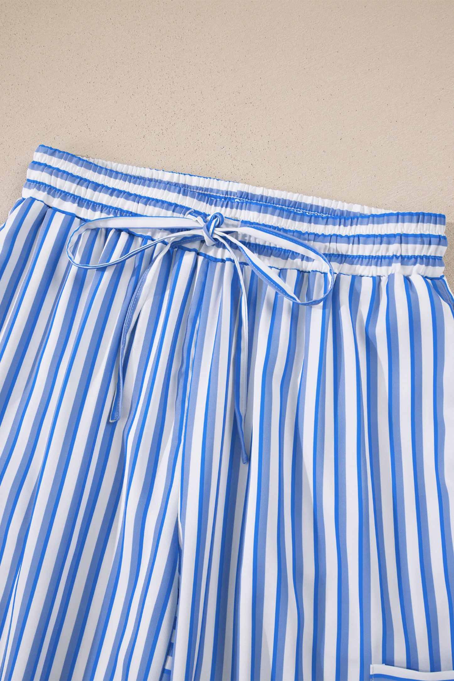 Sky Blue Stripe Drawstring Elastic Waist Patch Pocket Wide Leg Ankle-length Pants