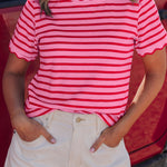 Pink Stripe Scalloped Trim Round Neck T Shirt