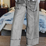 Gray Drawstring Seam Detail Raw Hem Wide Leg Denim Pants
