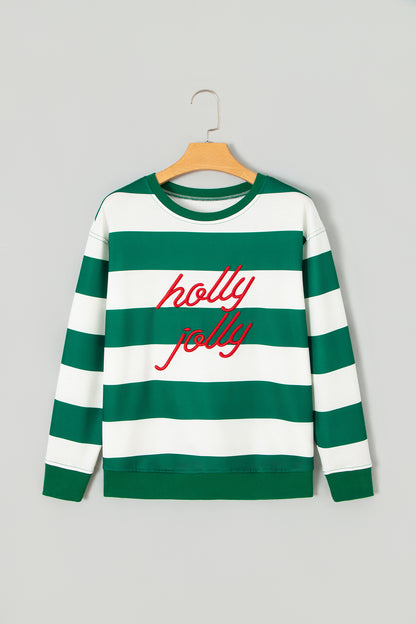 Green Stripe holly jolly Letter Embroidered Pullover Sweatshirt