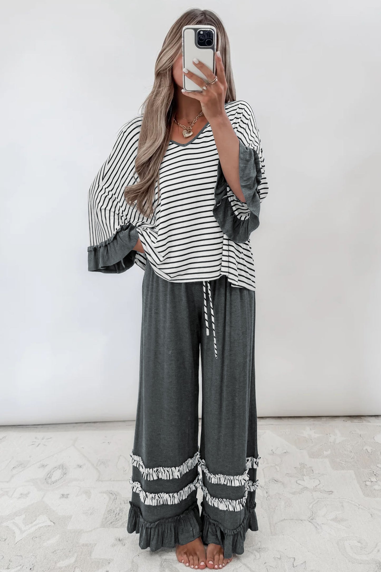 Gray Stripe V Neck Ruffle Contrast Sleeve Top Drawstring Pants 2pcs Set