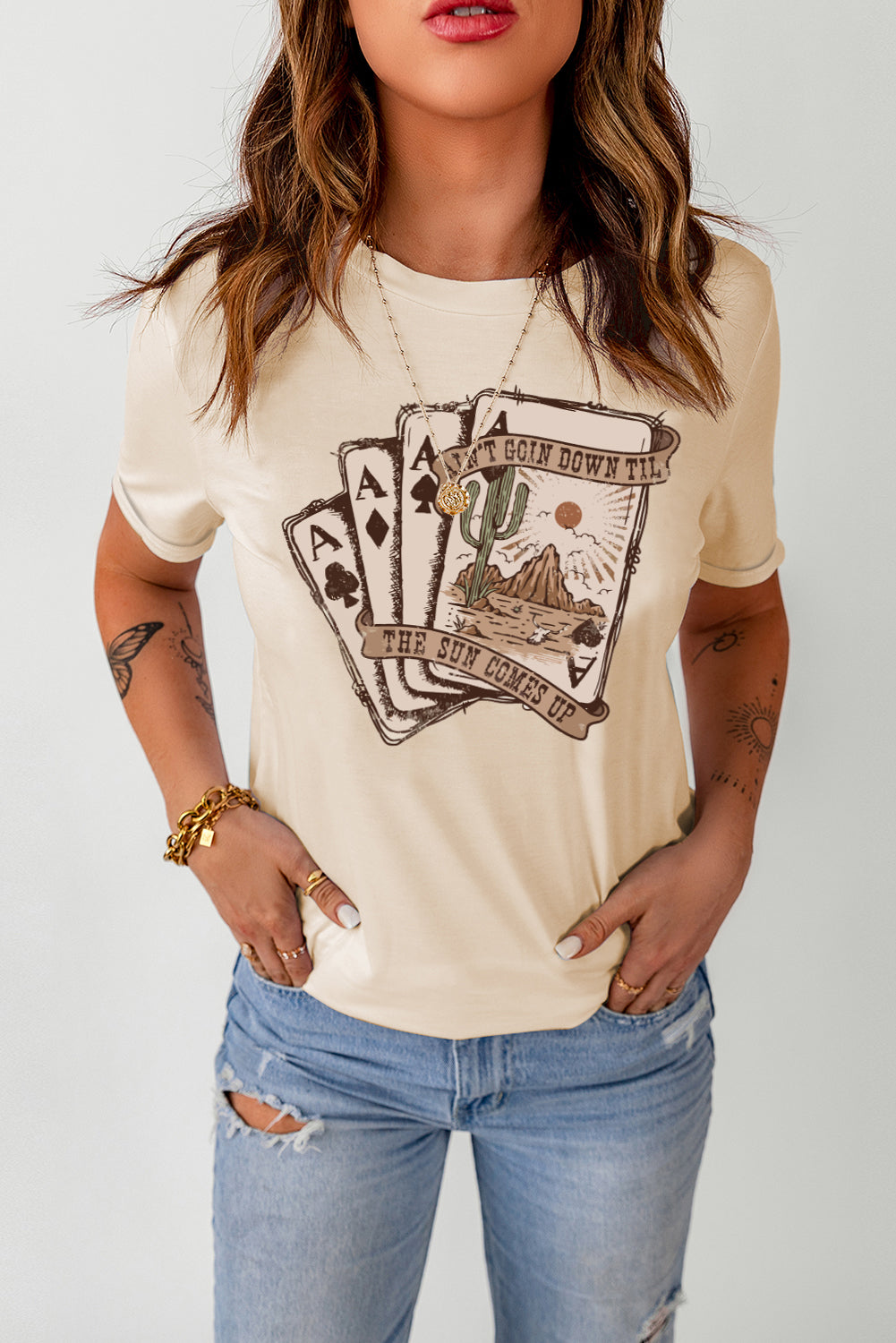T-shirt à manches courtes kaki à imprimé graphique de cartes de poker western