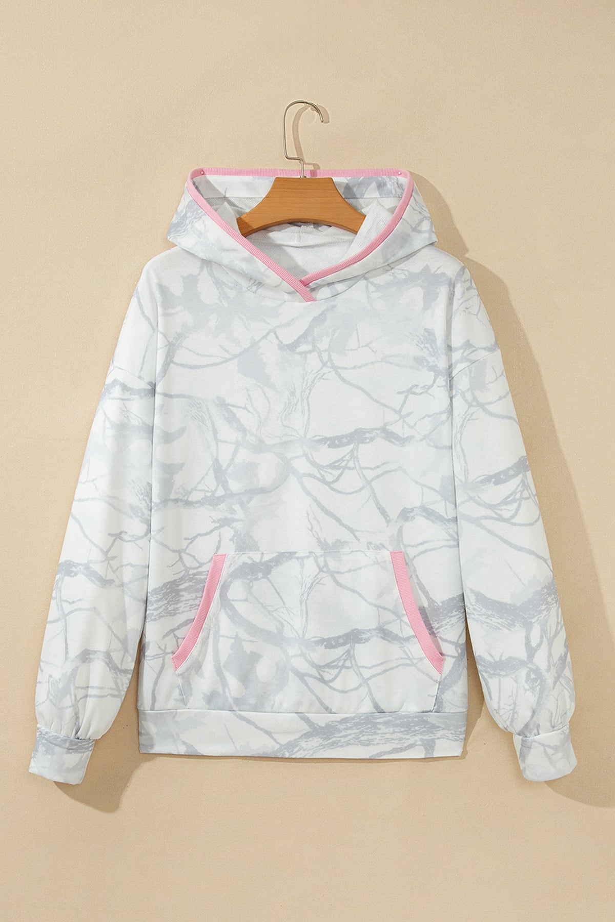 Gray Abstract Print Colorblock Long Sleeve Hoodie