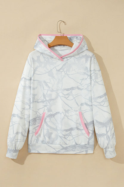 Gray Abstract Print Colorblock Long Sleeve Hoodie