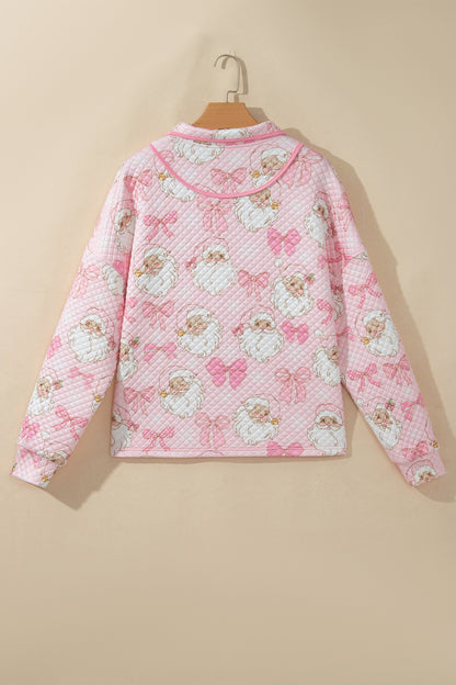 Pink Abstract Christmas Print Zip-Up Collar Long Sleeve Sweatshirt