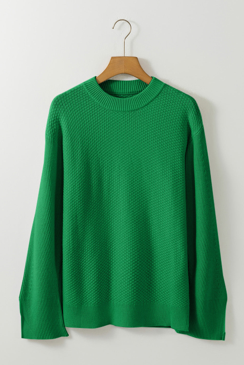 Dark Green Solid Textured Knit Split Cuff Drop Shoulder Loose Sweater