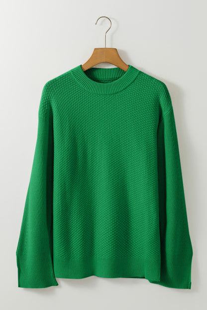 Dark Green Solid Textured Knit Split Cuff Drop Shoulder Loose Sweater
