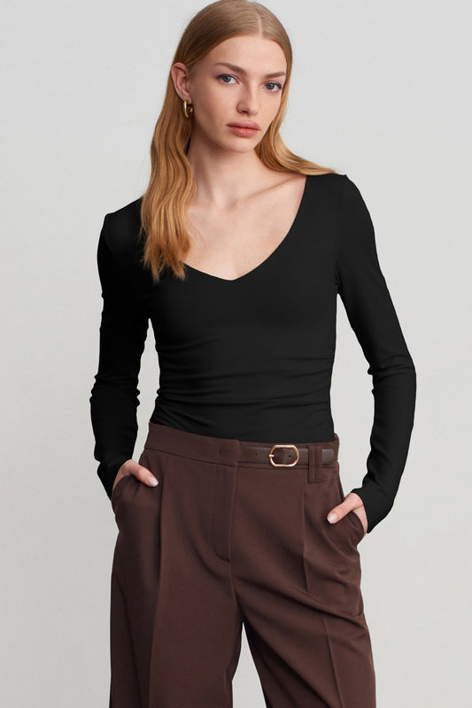 Black Slim Fit V Neck Long Sleeve Bra Buil-in Top