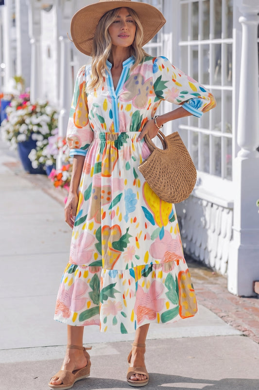 Multicolour Floral Doodle Print Striped Trim V Neck Midi Dress