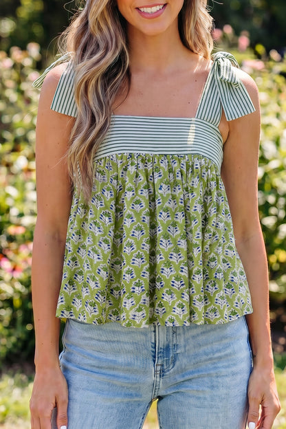 Green Floral Printed Knot Straps Babydoll Tank Top