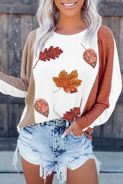 Haut en tricot côtelé à imprimé feuilles d'automne et paillettes abricot pour Thanksgiving