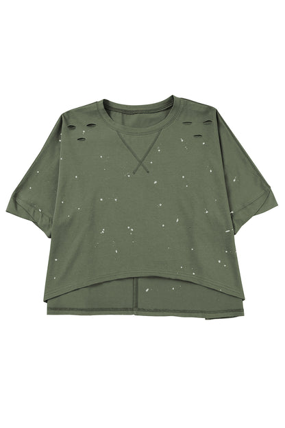 Haut à manches courtes et ourlet asymétrique délavé et vieilli