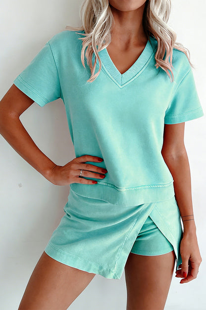 Mint Green Mineral Wash V Neck Tee Matching Skort Set