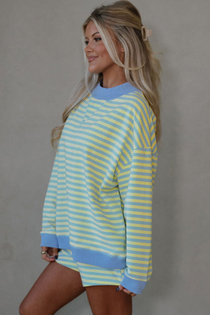 Pink Stripe Color Block Detail Long Sleeve Pullover Elastic Waist Pull On Shorts 2pcs Set