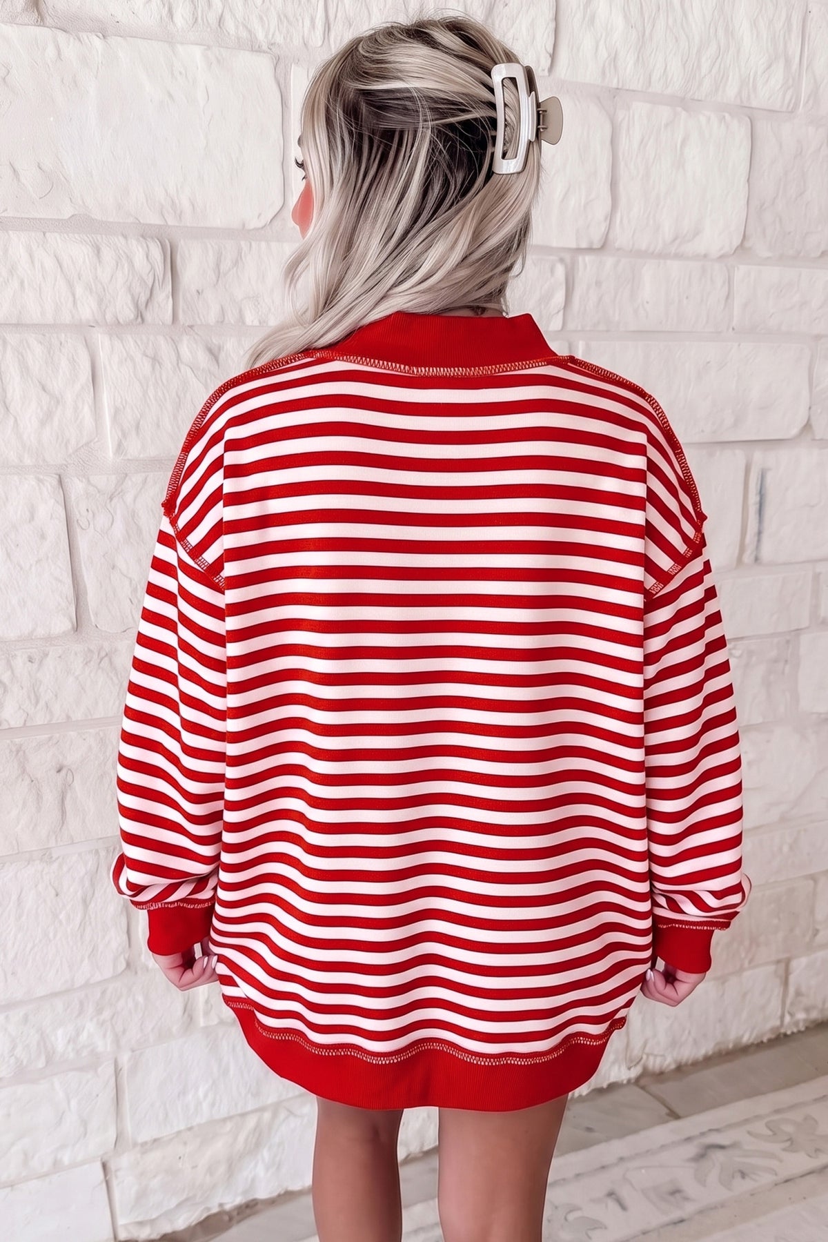 Red Stripe Christmas Slogan Embroidery Patched Mock Neck Oversized Sweatshirt