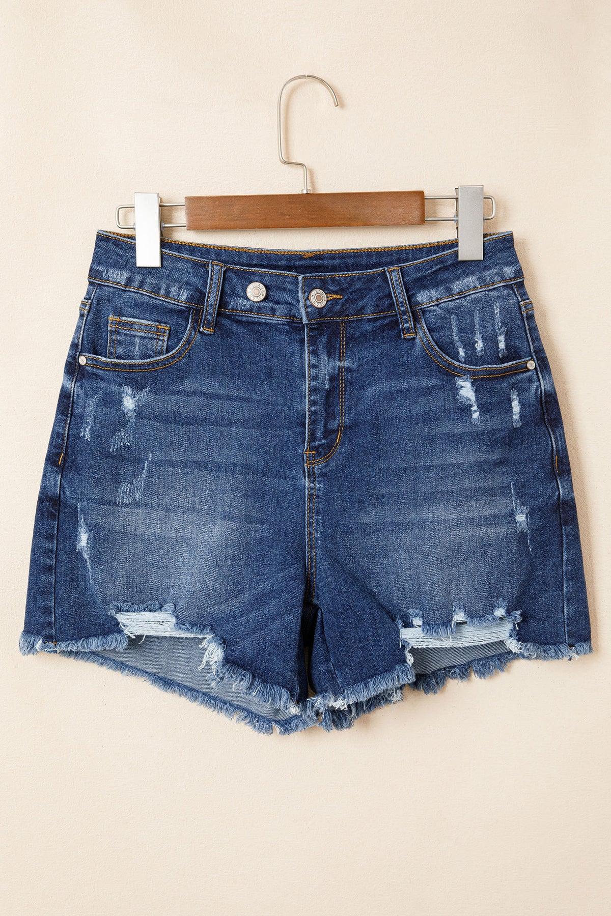 Sail Blue Asymmetric Raw Hem Distressed Whiskery Denim Shorts