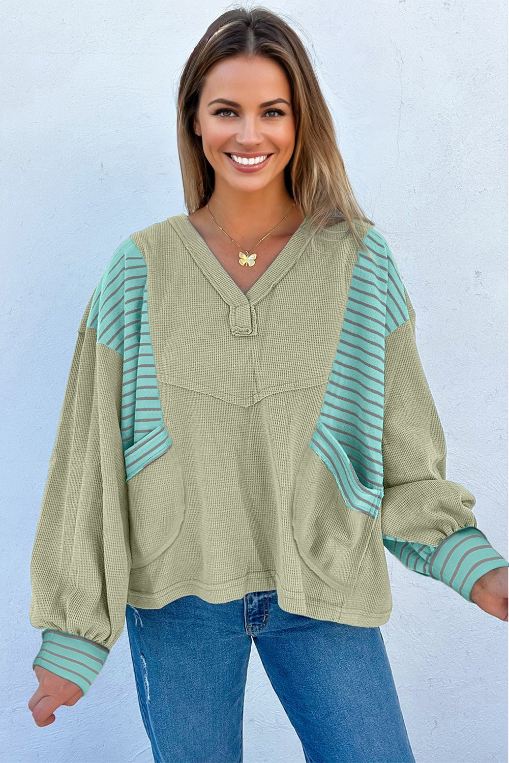 Dusk Blue Exposed Seam Waffle Striped Patchwork Baggy Pullover