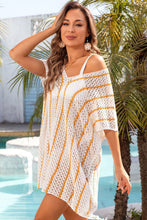 White Striped Crochet Loose Fit V Neck Beach Cover Up