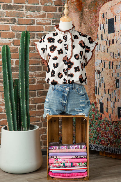 Khaki Leopard Printed Ruffle Sleeve Summer Blouse