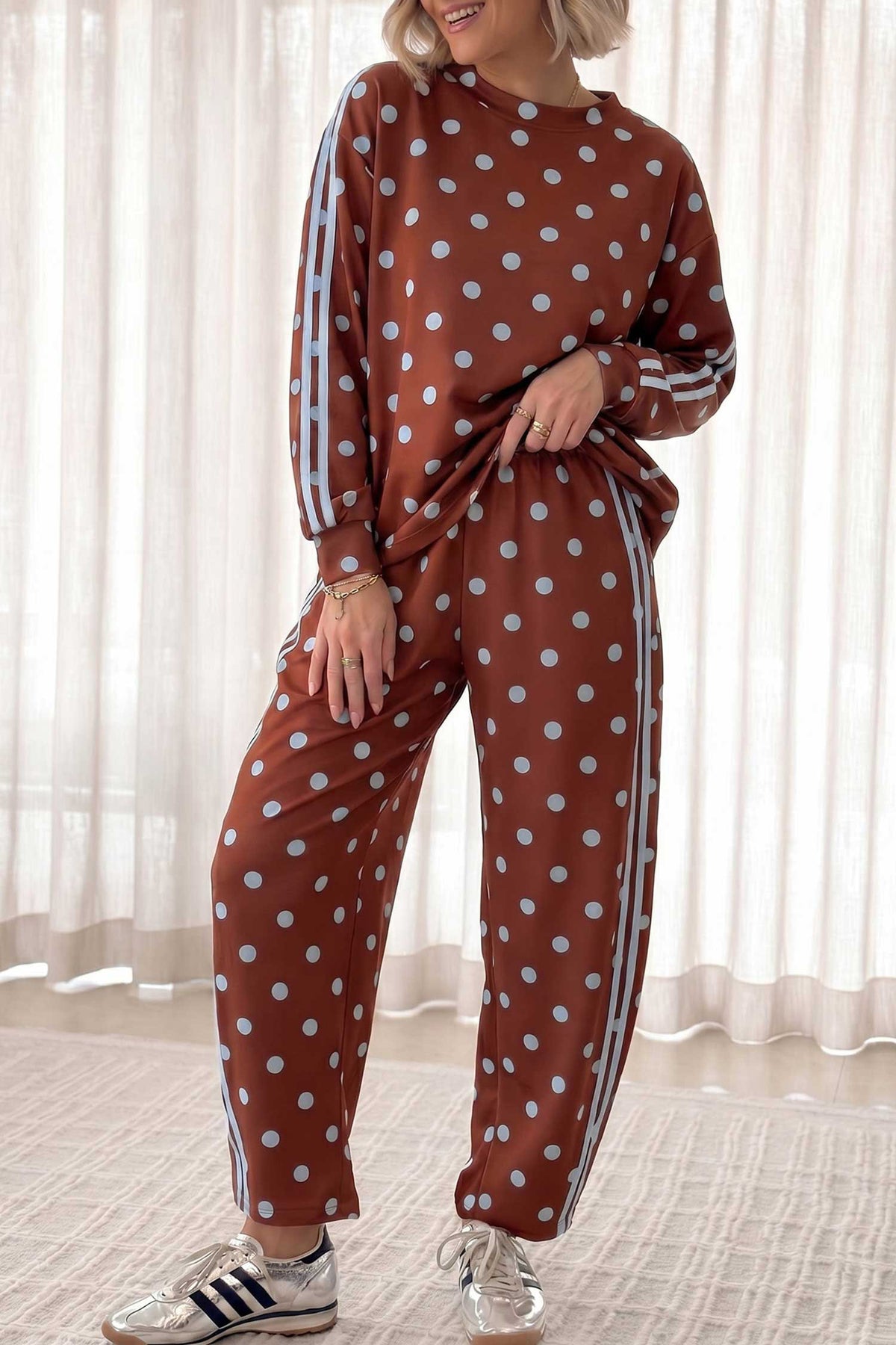 Brown Polka Dot Print Side Stripe Detail Long Sleeve Top Casual Pant Set