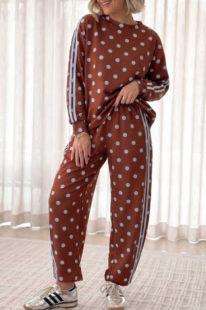 Brown Polka Dot Print Side Stripe Detail Long Sleeve Top Casual Pant Set