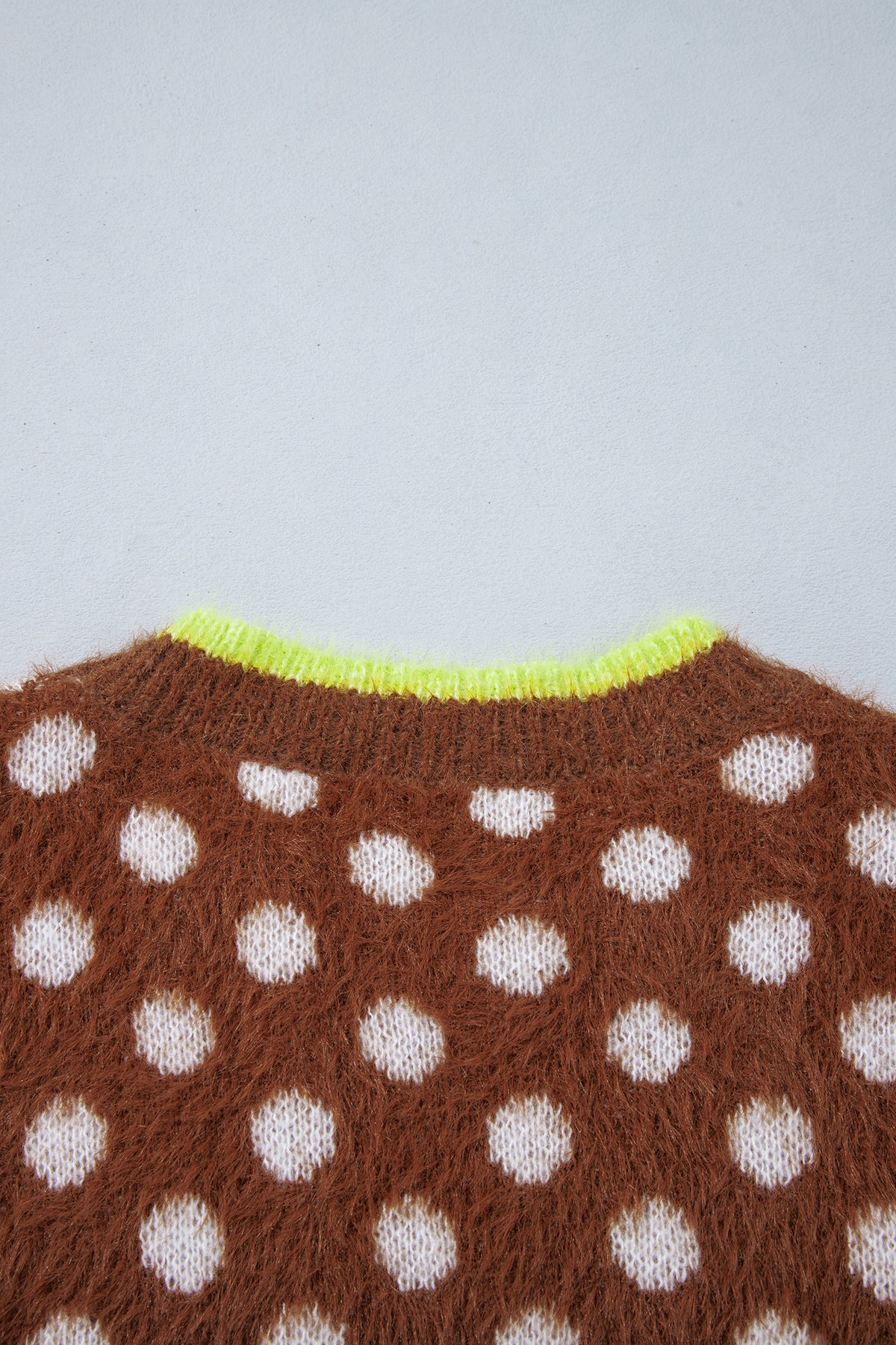Coffee Polka Dot Contrast Trim Round Neck Half Sleeve Sweater