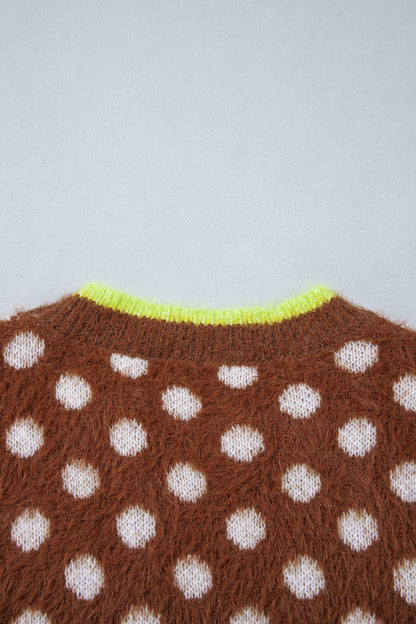 Coffee Polka Dot Contrast Trim Round Neck Half Sleeve Sweater