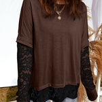 Dark Brown Sheer Lace Patchwork Casual Long Sleeve Tee
