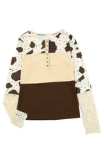 Cow Print Lace Cuff Long Sleeve Henley Top