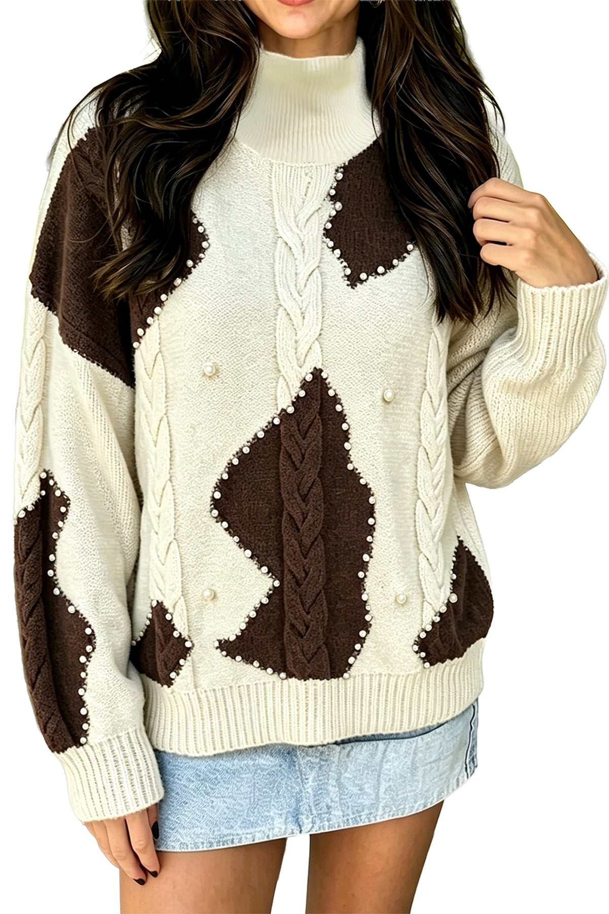 Beige Cable Detail Knit Beaded Western Spots Casual Sweater