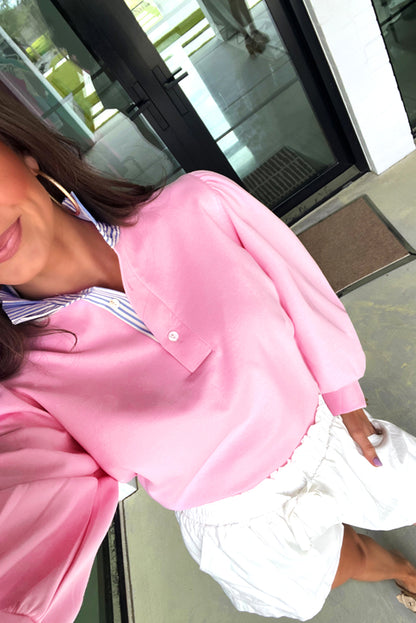 White Button Striped Collar Patchwork Puff Sleeve Sweatshirt