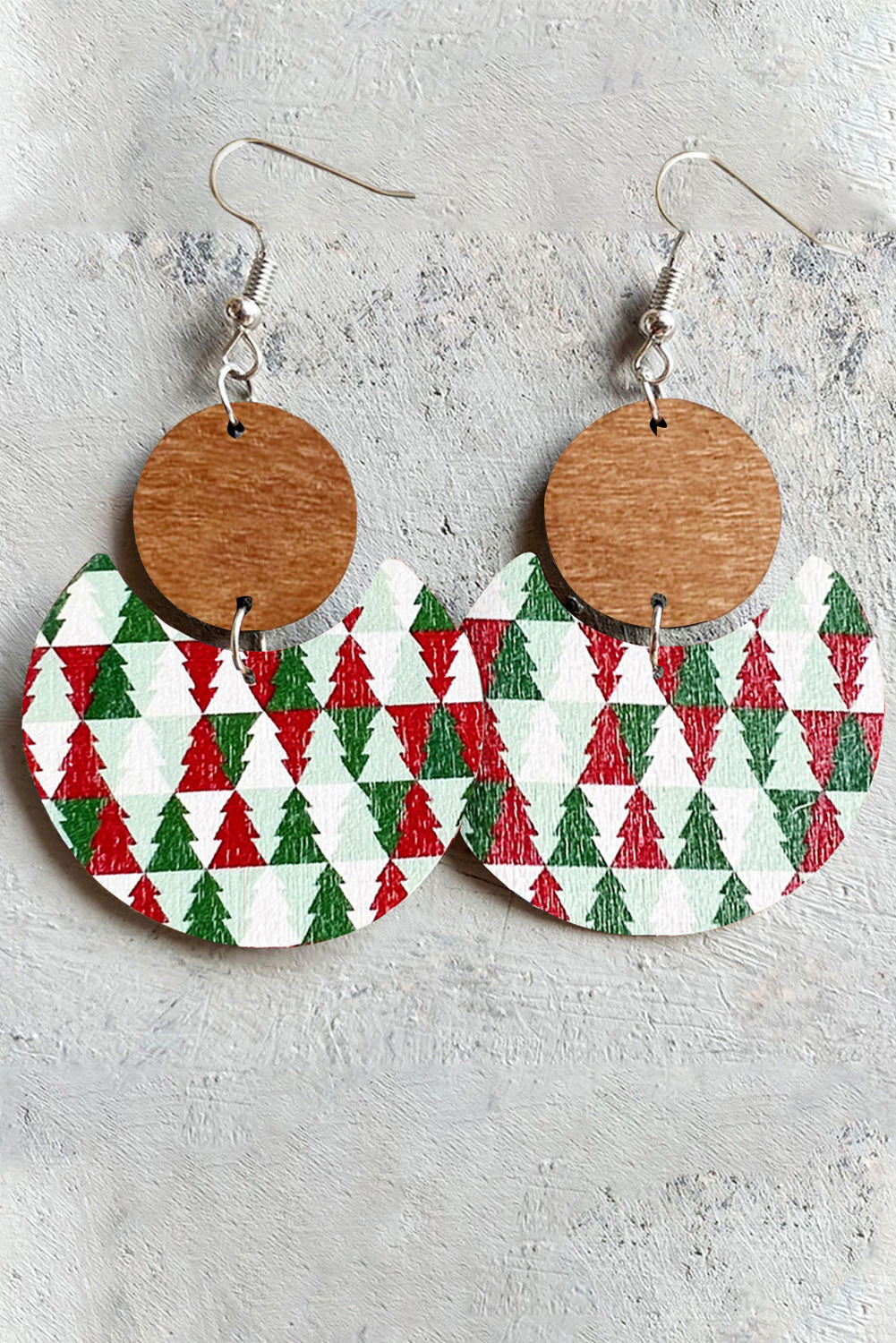 Boucles d'oreilles en bois à motif damier de Noël vert foncé 
