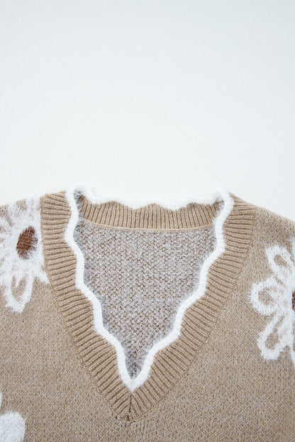 Smoke Gray Plush Flower Pattern Scalloped Trim V Neck Sweater