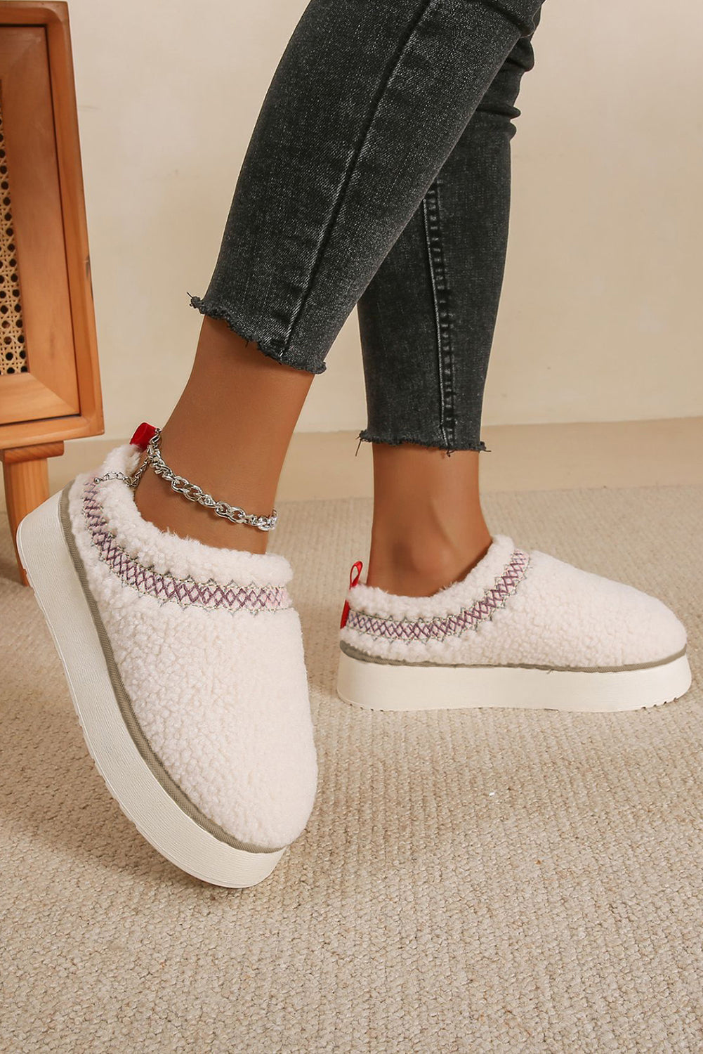 Chestnut Soft Plush Embroidered Detail Flat Platform Slippers