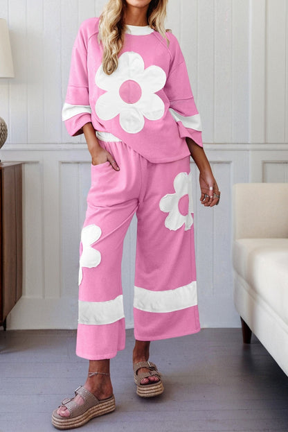Orchid Bouquet Big Flower Patched Raw Seam Color Block 2 Piece Loose Pant Set