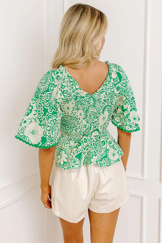 Green Flirty Floral Smocked V Neck Blouse
