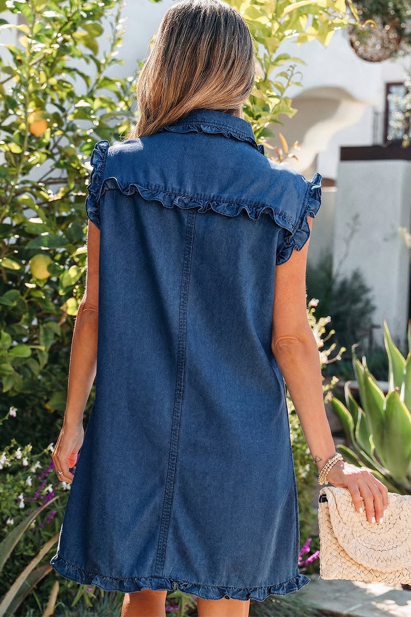 Sail Blue Ruffled Edge Collared Shift Denim Dress with Pockets