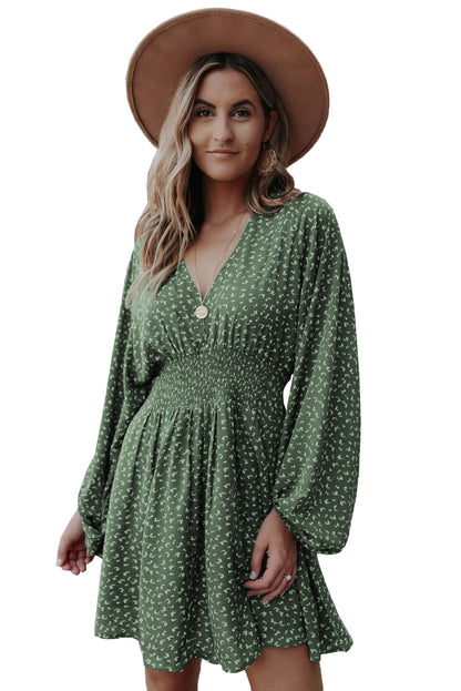 V Neck Balloon Sleeve Smocked Waist Printed Mini Dress