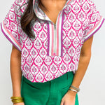 Pink Western Print Zipped Collar Short Sleeve Summer Blouse Top