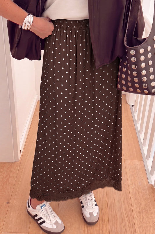 Brown Polka Dot Lace Hem Elegant Long Shift Skirt