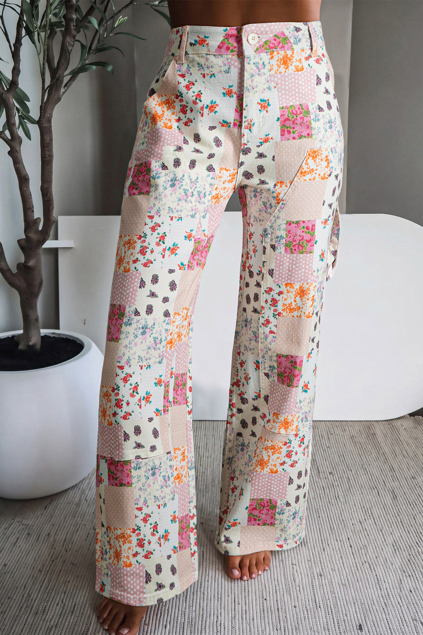 Pink Floral Patchwork Wide Leg Full Length Jeans